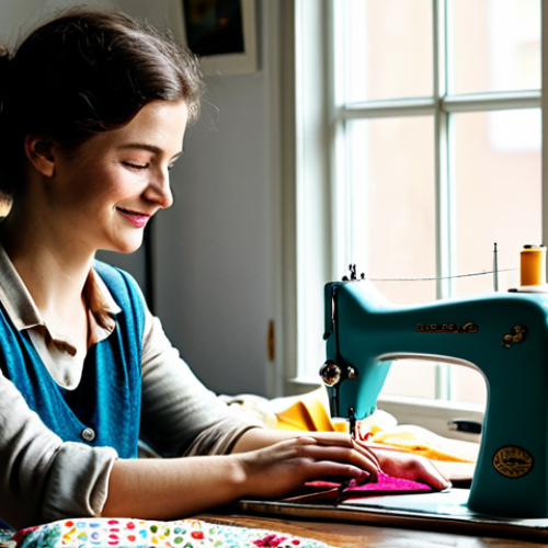 Home 7 **
"A vibrant workspace filled with colorful fabric scraps, sewing tools, and half-finished eco-bags. A woman, fully clothed in a modest and practical outfit, is happily sewing at a vintage sewing machine. Natural light floods the room, highlighting the textures of the fabrics. Safe for work, appropriate content, professional crafting scene, perfect anatomy, natural proportions, well-formed hands."
**