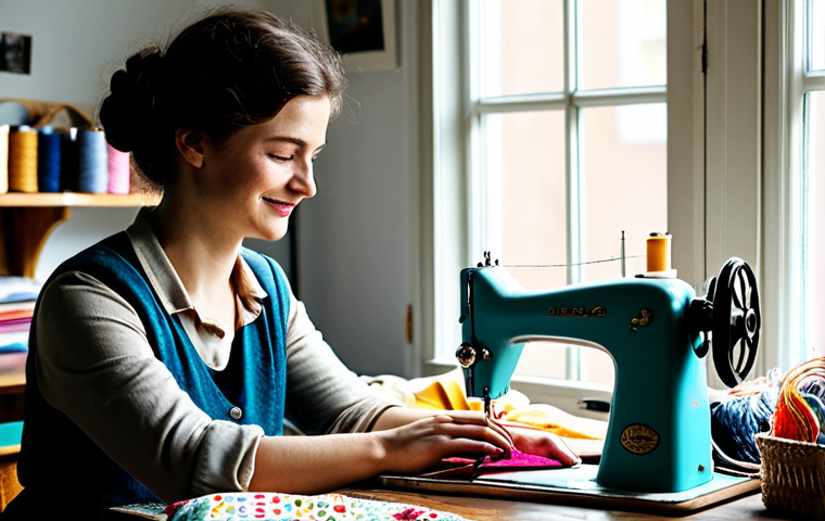 **

"A vibrant workspace filled with colorful fabric scraps, sewing tools, and half-finished eco-bags. A woman, fully clothed in a modest and practical outfit, is happily sewing at a vintage sewing machine. Natural light floods the room, highlighting the textures of the fabrics. Safe for work, appropriate content, professional crafting scene, perfect anatomy, natural proportions, well-formed hands."

**